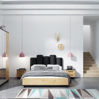 łóżko 160x200 podnoszone z zagłówkiem tapicerowanym Ines IN 160 sypialniane loft nowoczesne dąb artisan + czarny do sypialni