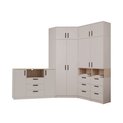 Eck-Kleiderschrank-Set GRANT 35, Kleiderschrank mit Verlängerung, Schrank-Set mit Bücherschrank und Kommode
