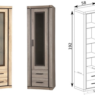 witryna 58 wąska wysoka z szufladami Dallas 16 słupek z szybą regał