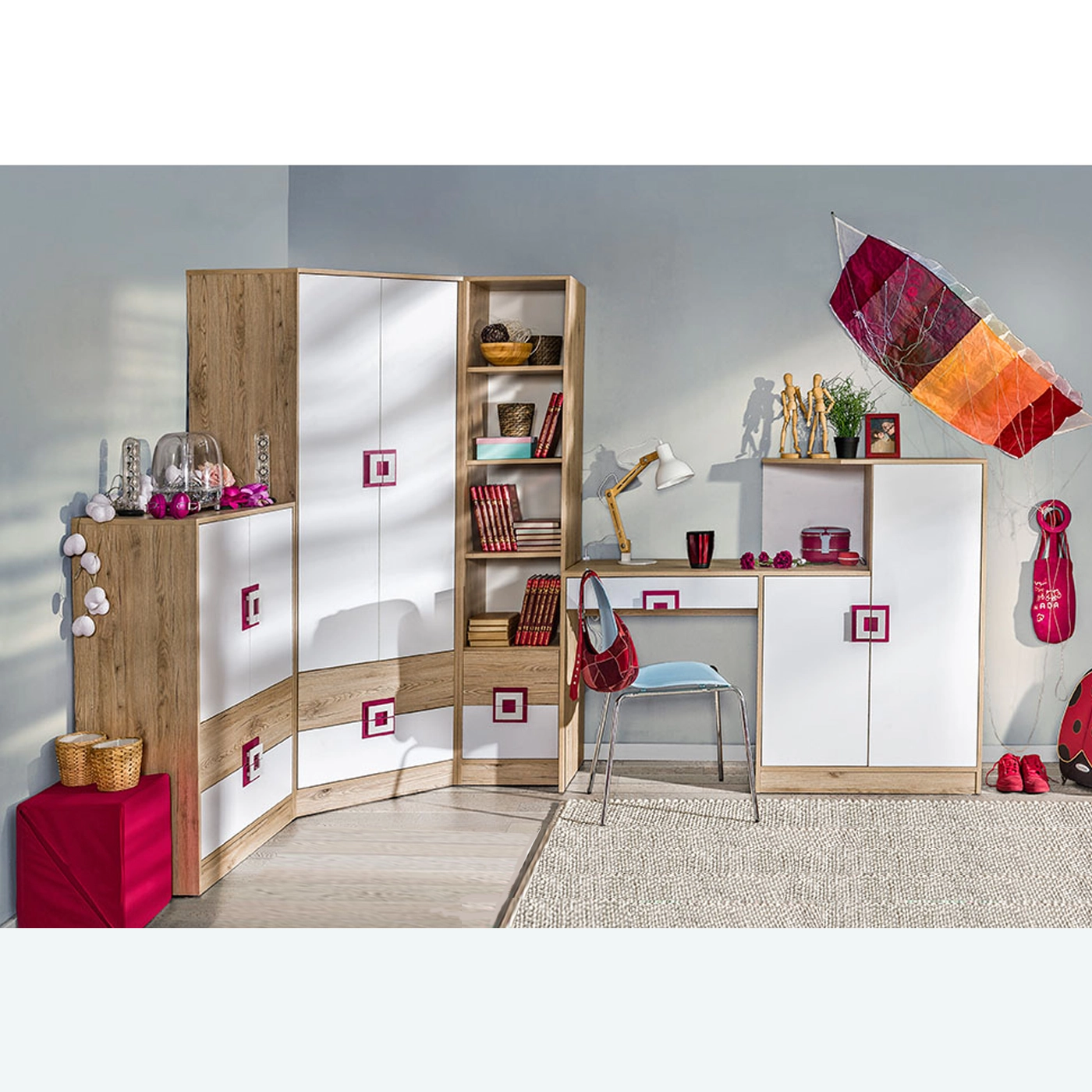 zestaw nowoczesny Nico 3 biurko narożna szafa komoda regał dla dzieci