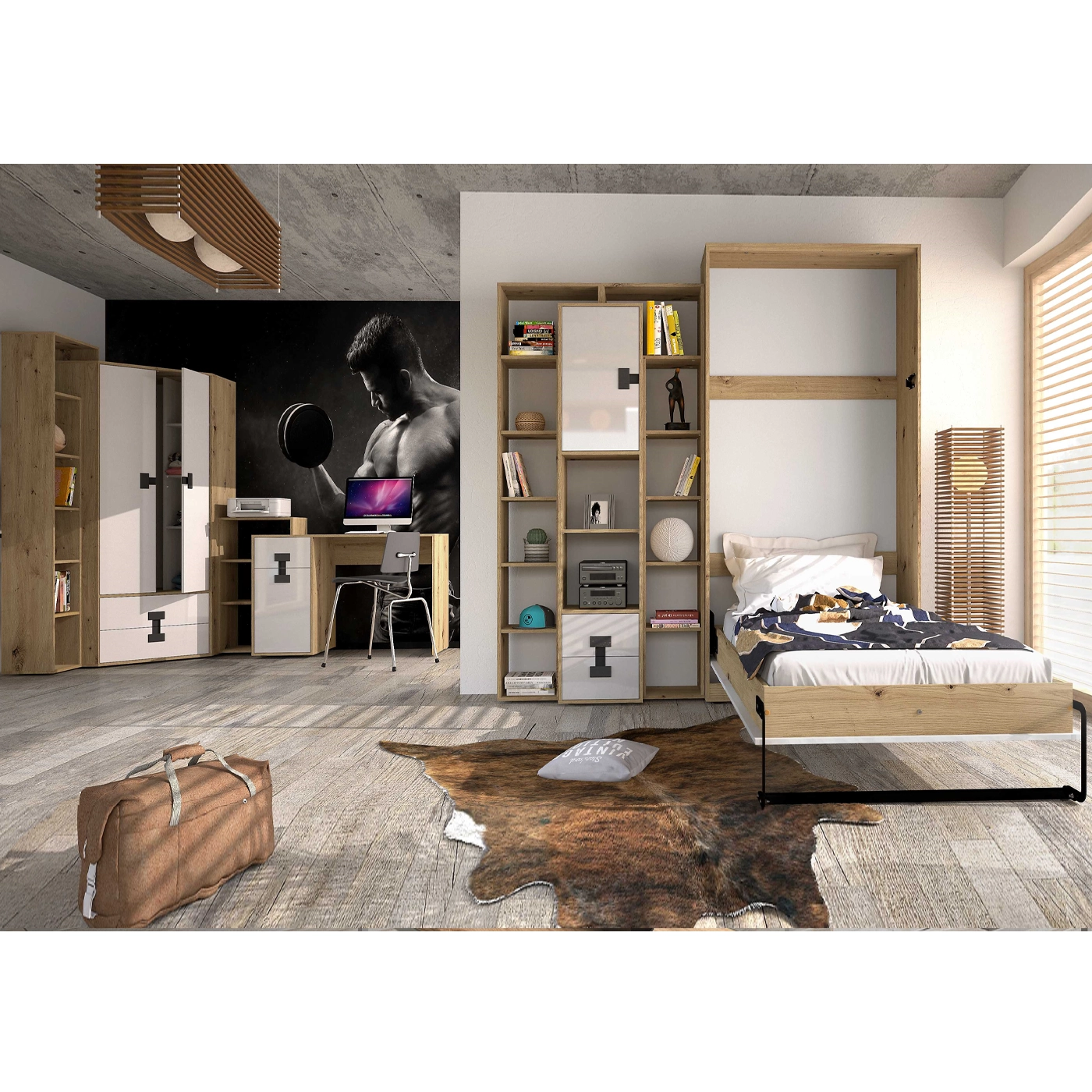 zestaw nowoczesny duży Index 5 biurko narożna szafa łóżko chowane
