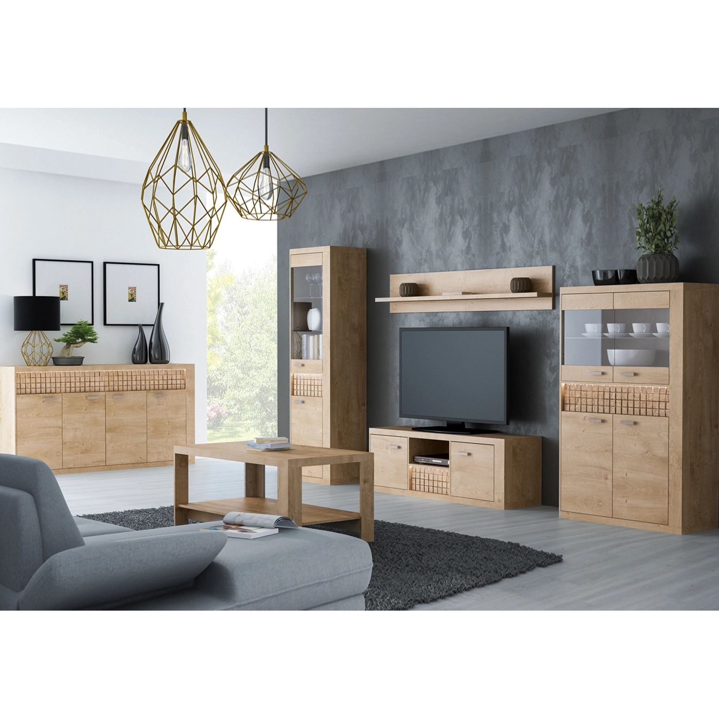 zestaw mebli nowoczesnych Natural 1 witryna komoda rtv meblościanka