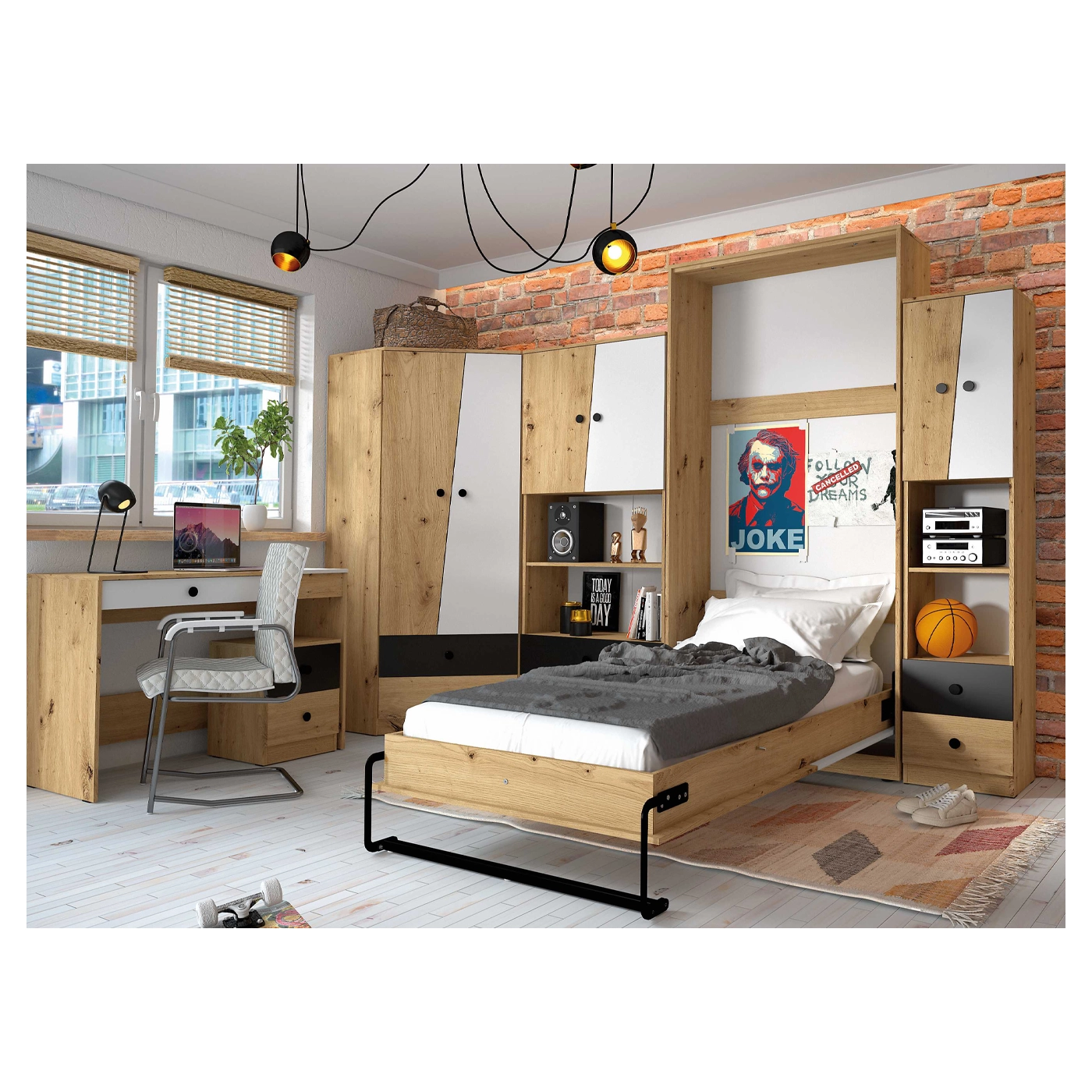 zestaw duży narożny Nero 4 biurko łóżko składa rogowa szafa młodzieży