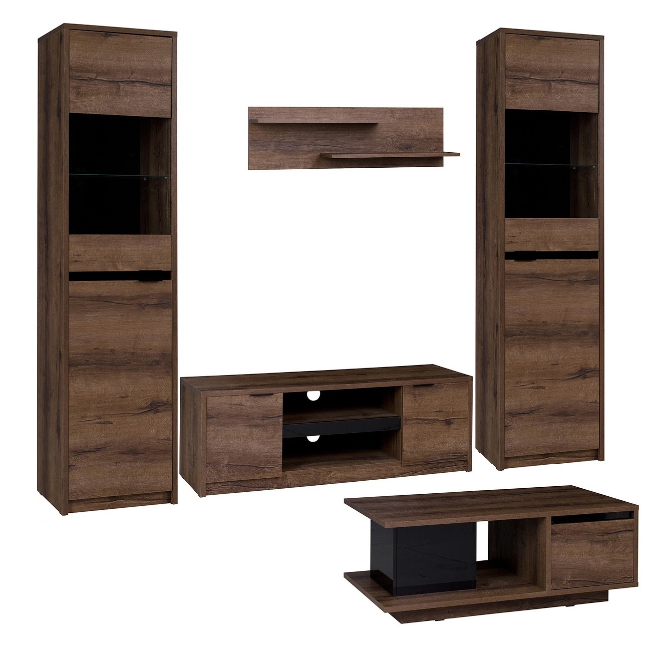zestaw mebli komplet Denver 3 meblościanka rtv z ławą dąb monastery + czarny połysk do pokoju salonu