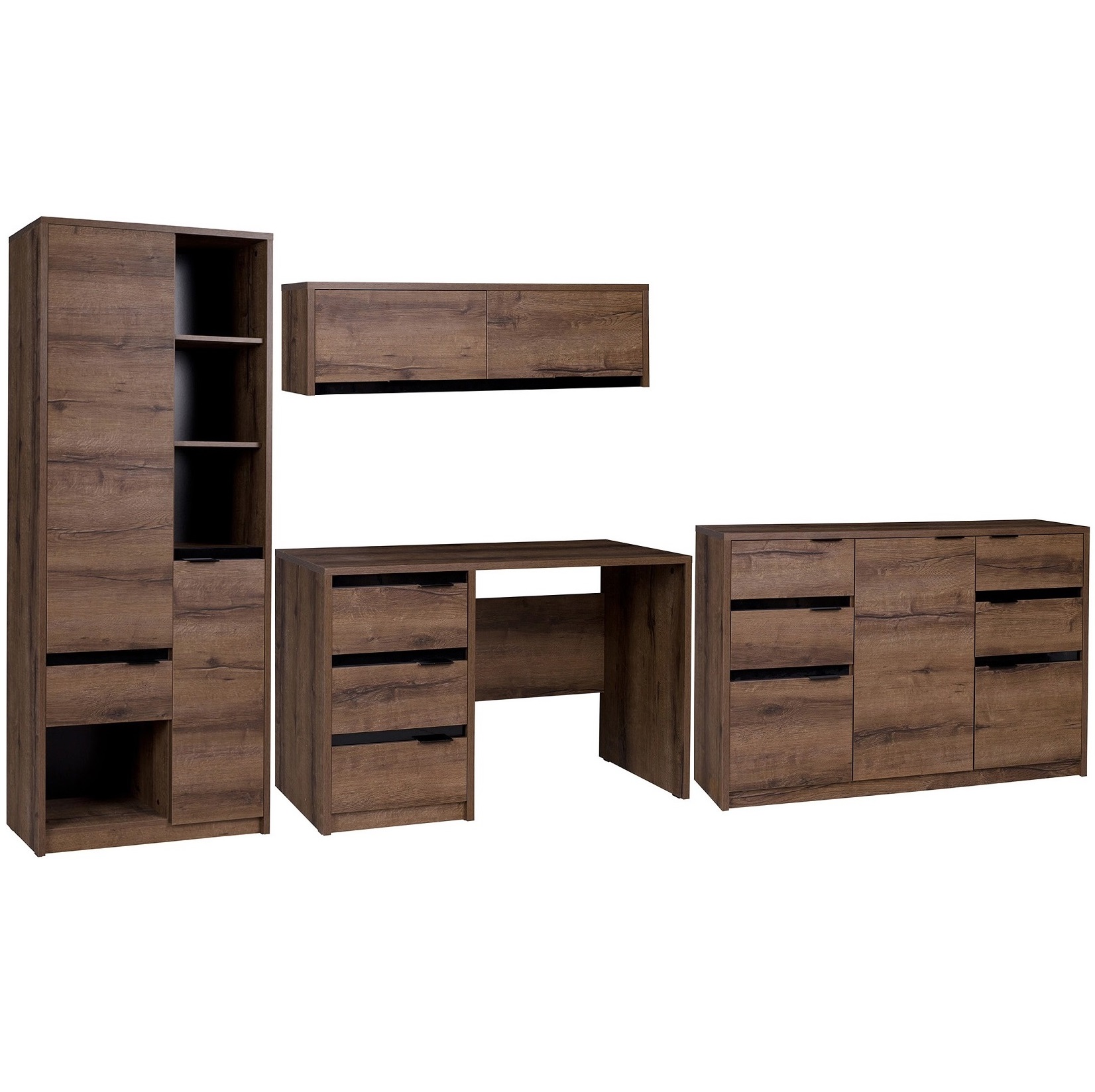 zestaw mebli młodzieżowych dzieci ucznia Denver 4 biurko komoda regał meblościanka dąb monastery + czarny połysk do pokoju biura