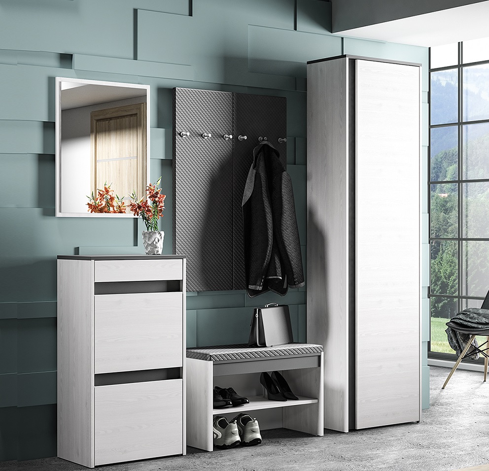 zestaw mebli garderoba Hyga 1 komplet szafka z siedziskiem panel z wieszakami sosna śnieżna antracyt do przedpokoju korytarza