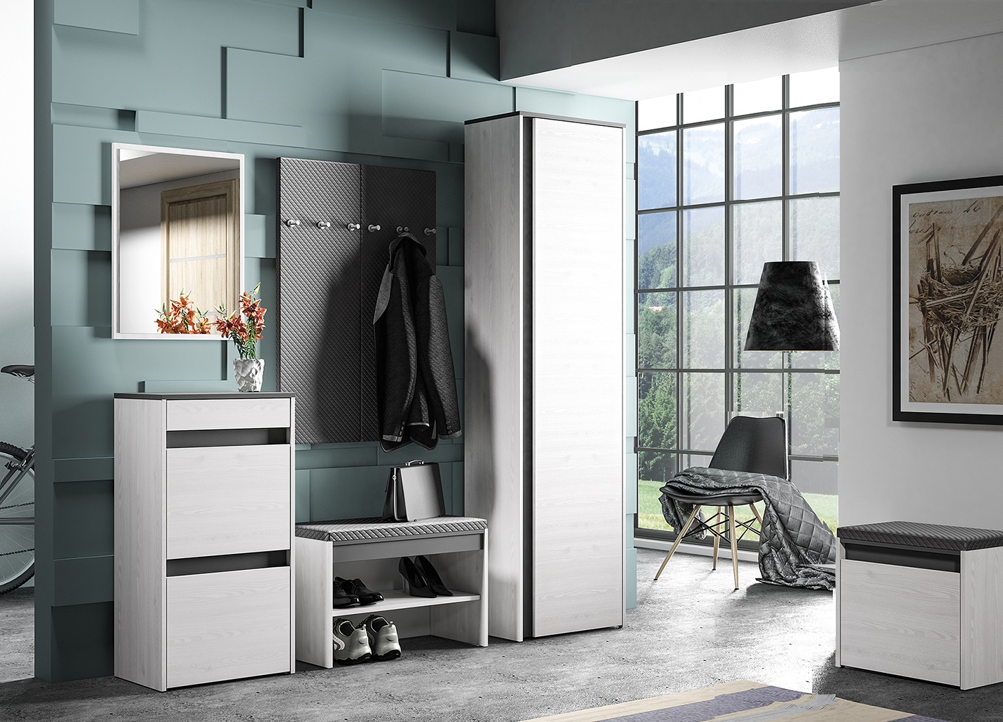 zestaw mebli nowoczesna garderoba Hyga 1a siedzisko wieszak lustro szafa sosna śnieżna antracyt + szary do korytarza przedpokoju