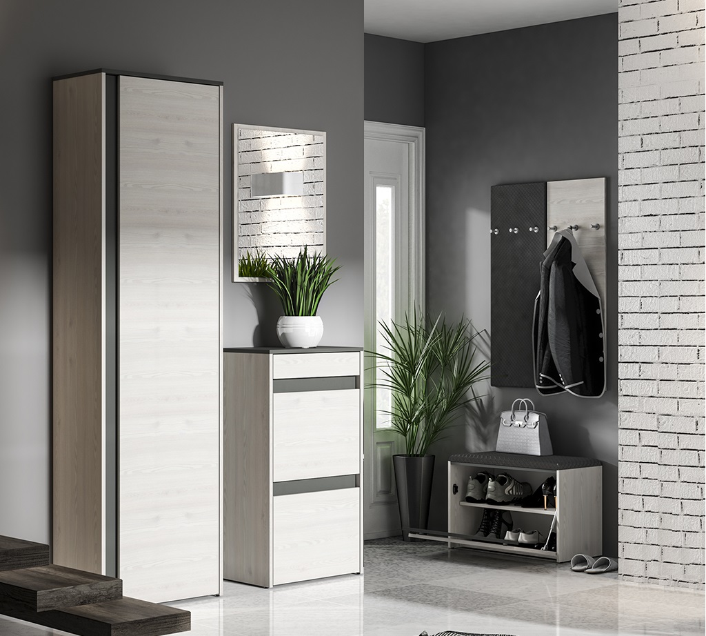zestaw mebli garderoba Hyga 2 lustro szafka komoda szafa sosna śnieżna + antracyt do przedpokoju korytarza