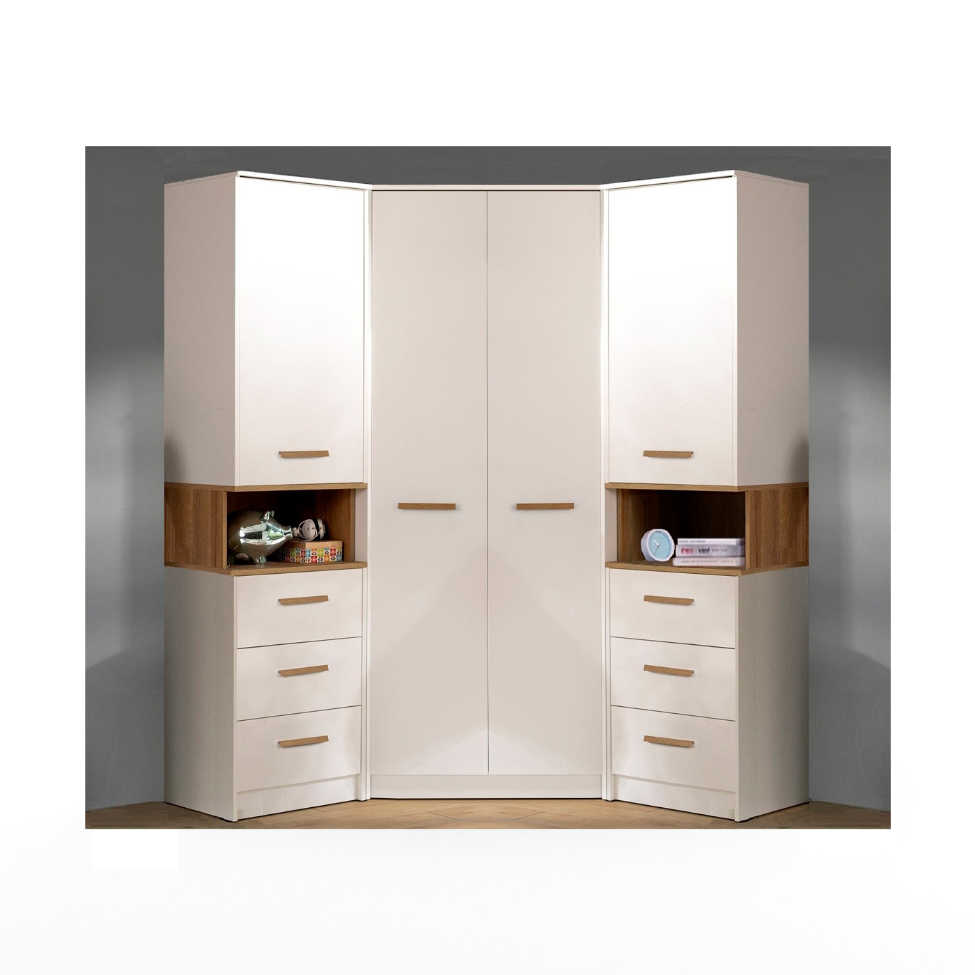 zestaw szafa narożna regał Grant 17N duża rogowa garderoba biała