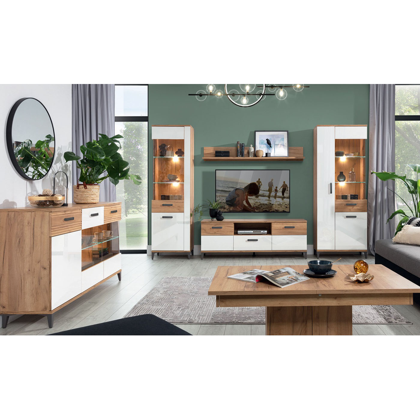 zestaw duży mebli pokojowych Snobi 1 komoda rtv szafka witryna ława