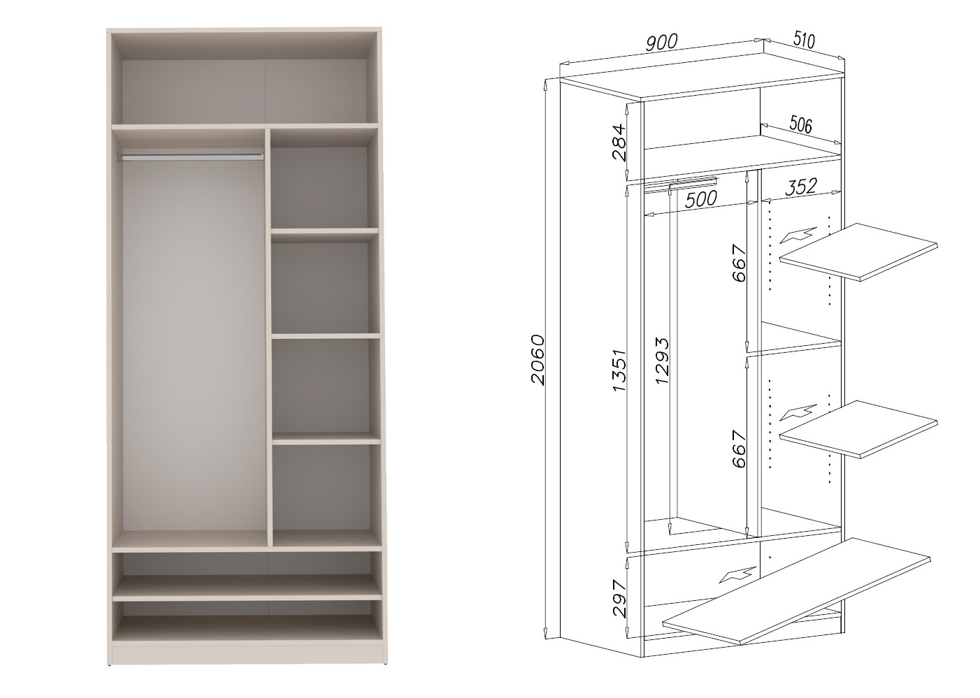 Kleiderschrank 90 cm mit Schubladen ohne Türen TRES 13,