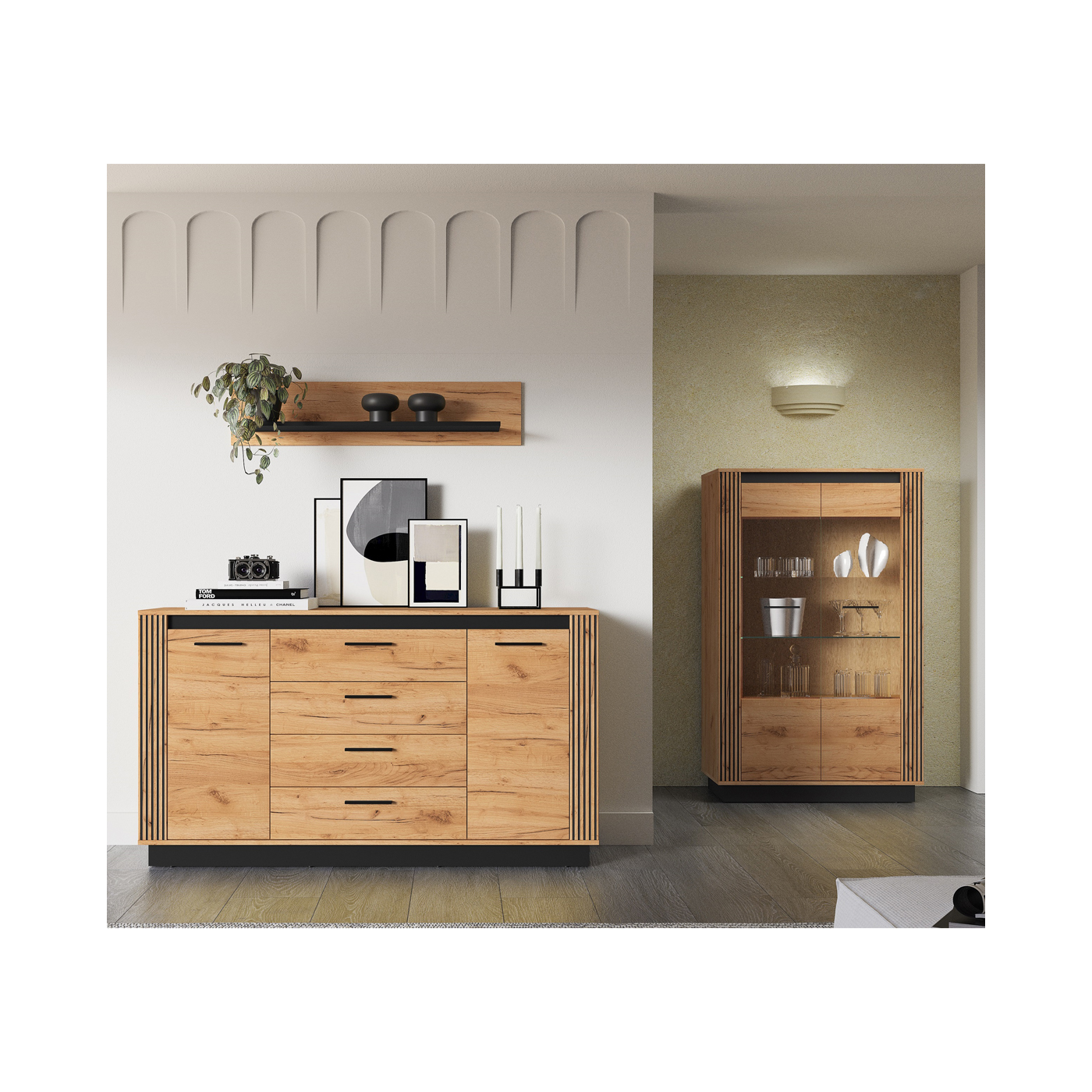 zestaw mebli frezowane lamele Urso 2 komoda witryna półka komplet