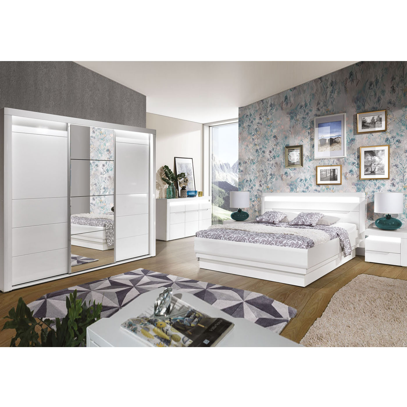 zestaw nowoczesna sypialnia Irma 2 łóżko komoda szafa z lustrem biała