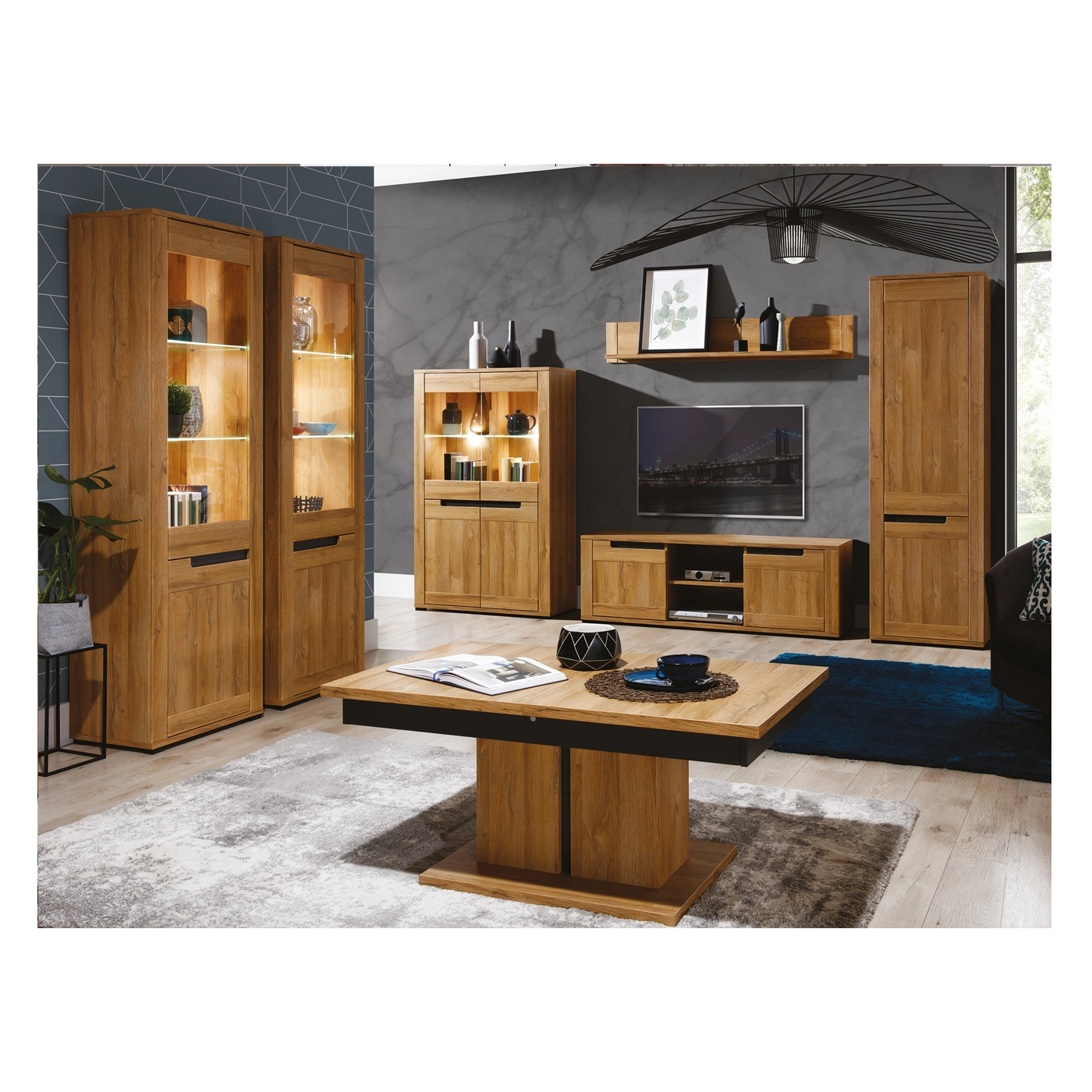 zestaw elegancki komplet York 1 komoda rtv szafka witryna ława dąb