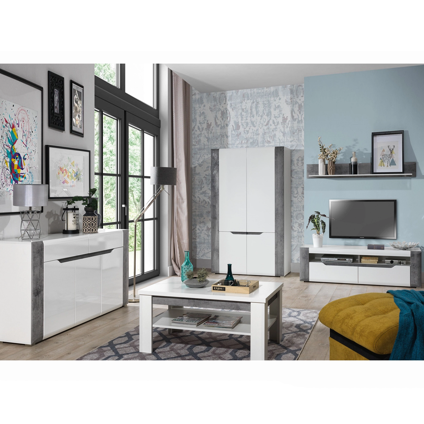 zestaw mebli pokojowych Brando 2 komoda rtv szafka ława szafa biała