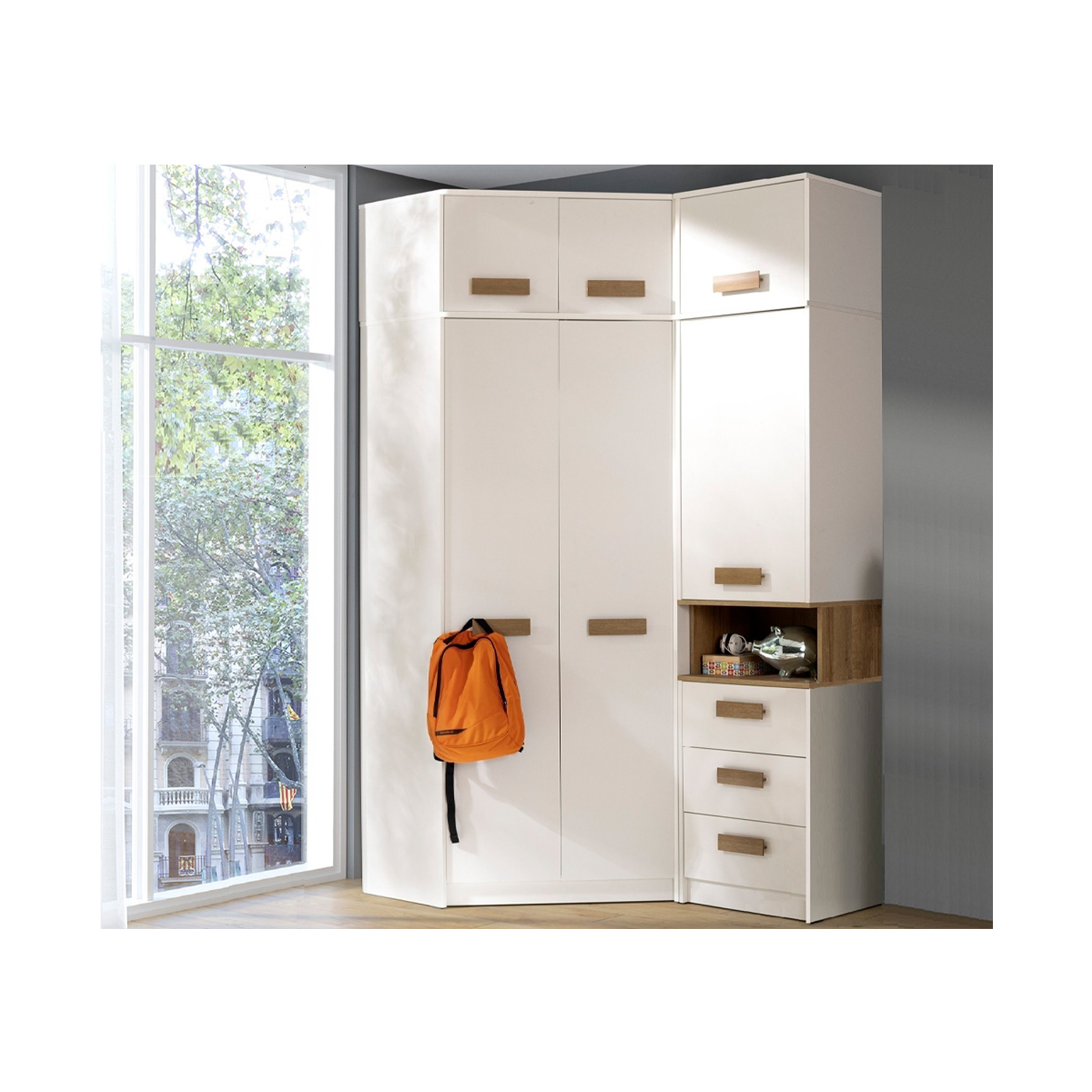 zestaw szafa narożna wysoka Grant 12 z nadstawką garderoba duża