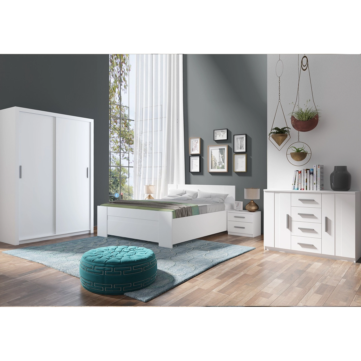 zestaw sypialniany Bono 2 łóżko komoda szafa przesuwna biała dąb