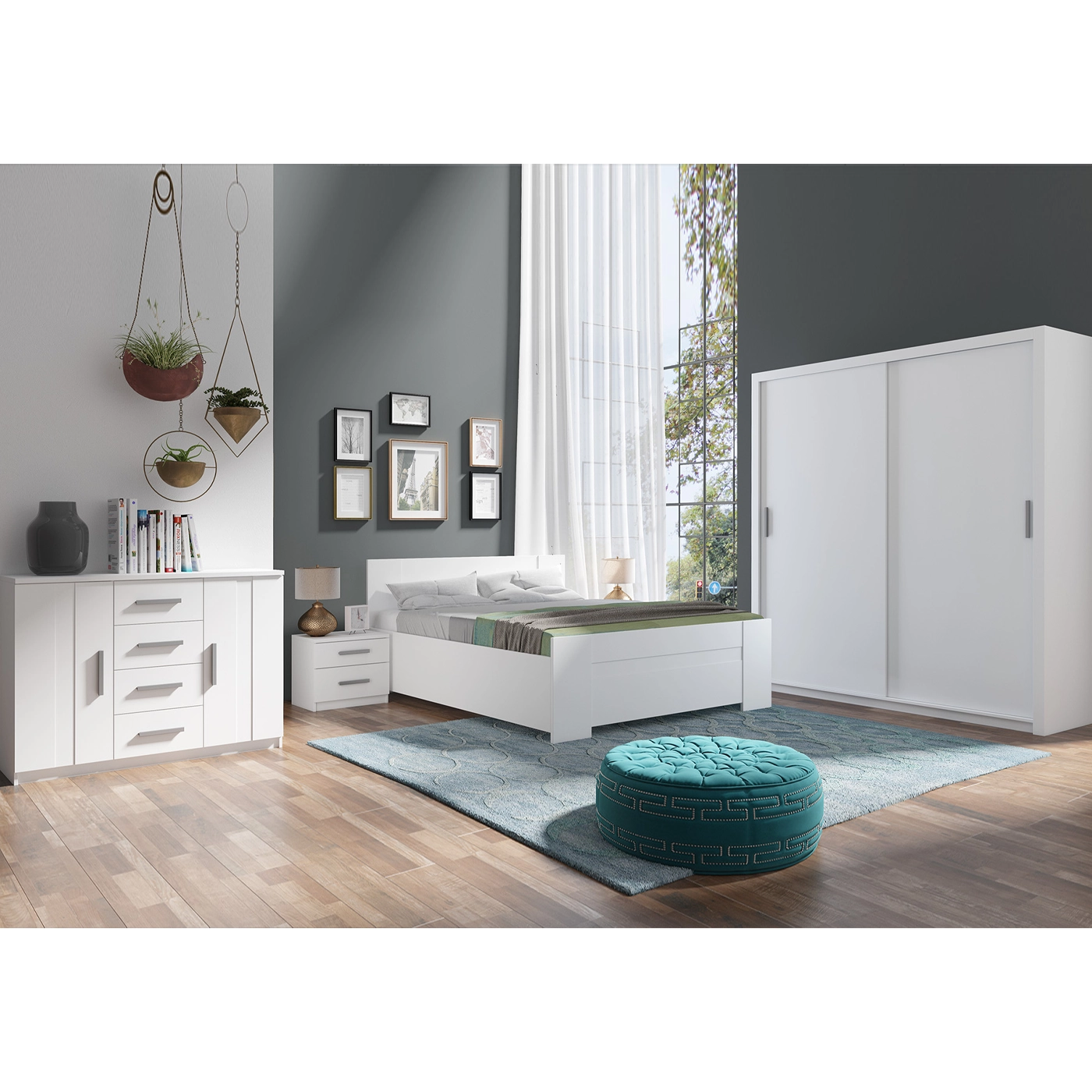 zestaw do sypialni Bono 3 łóżko szafa przesuwna komoda stolik nocny