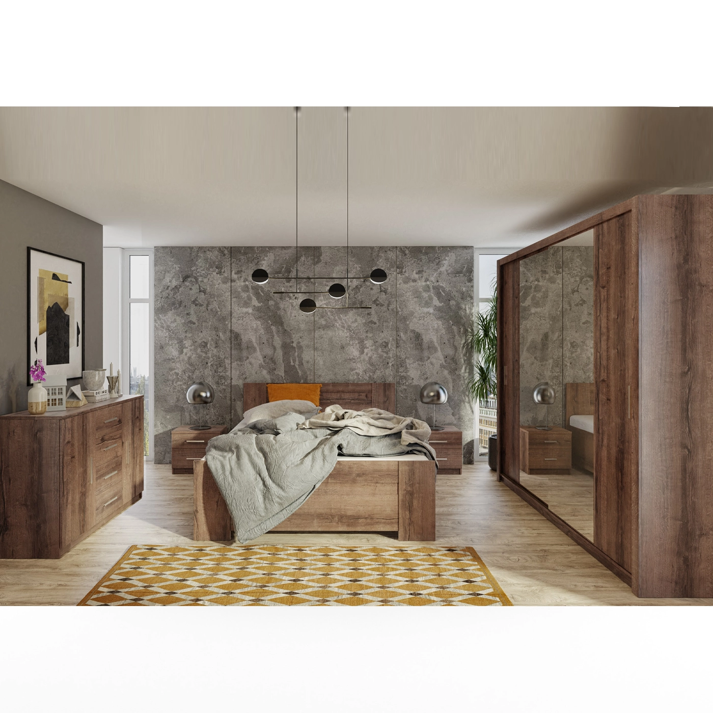 zestaw Bono 4L szafa z lustrek łóżko komoda szafka nocna do sypialni