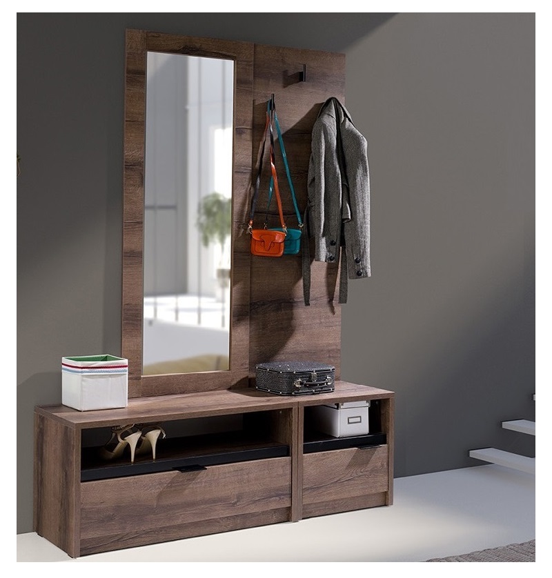 zestaw mebli garderoba Denver 14 lustro wieszak szafka z szufladą dąb monastery + czarny połysk do przedpokoju korytarz