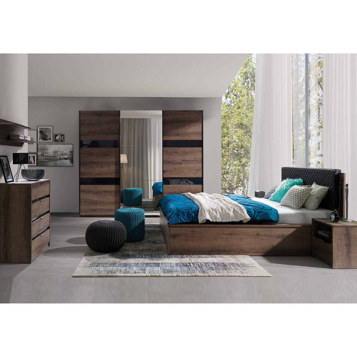 zestaw Denver 6 szafa z lustrem łóżko z pojemnikiem komoda do sypialni