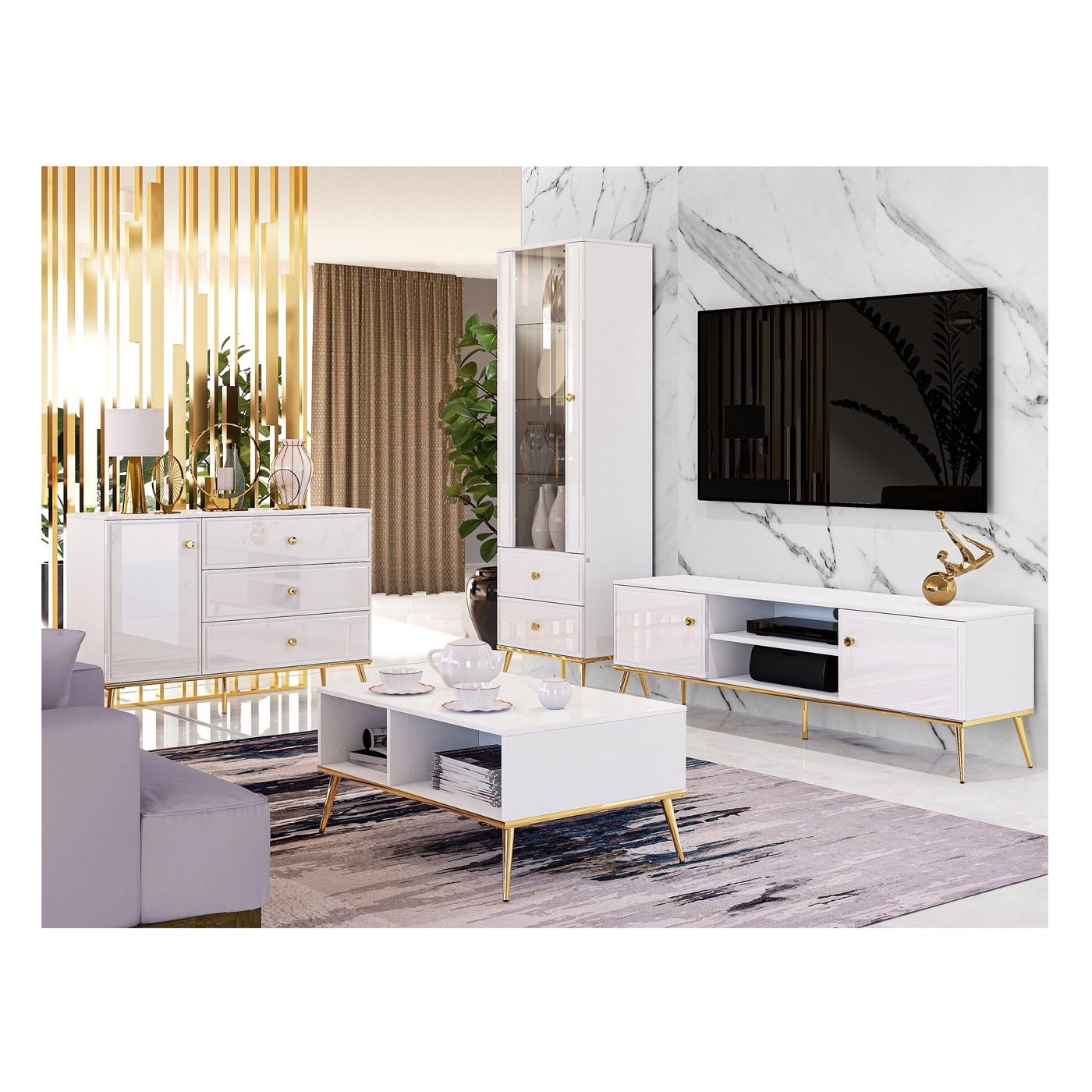 zestaw elegancki pokojowy Goldin 3 komoda witryna szafka rtv ława