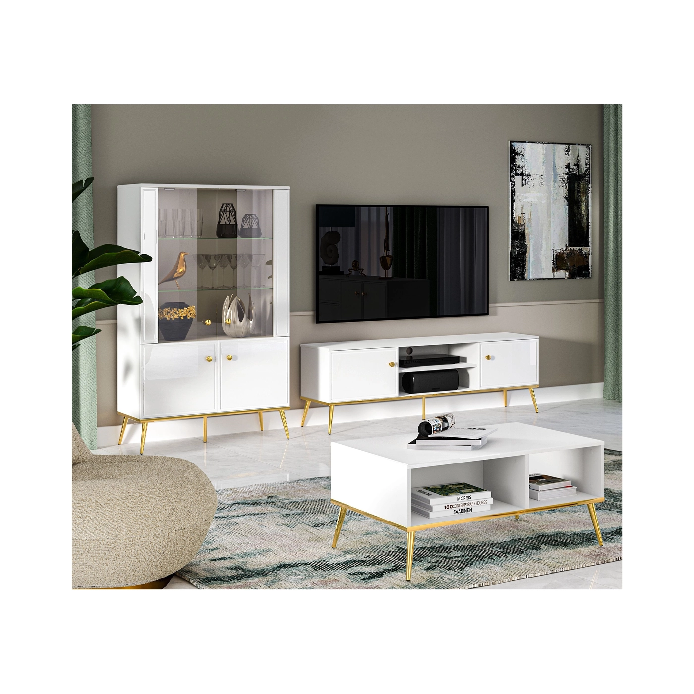 zestaw glamour Goldin 4 szafka rtv witryna ława komplet do salonu pokoju