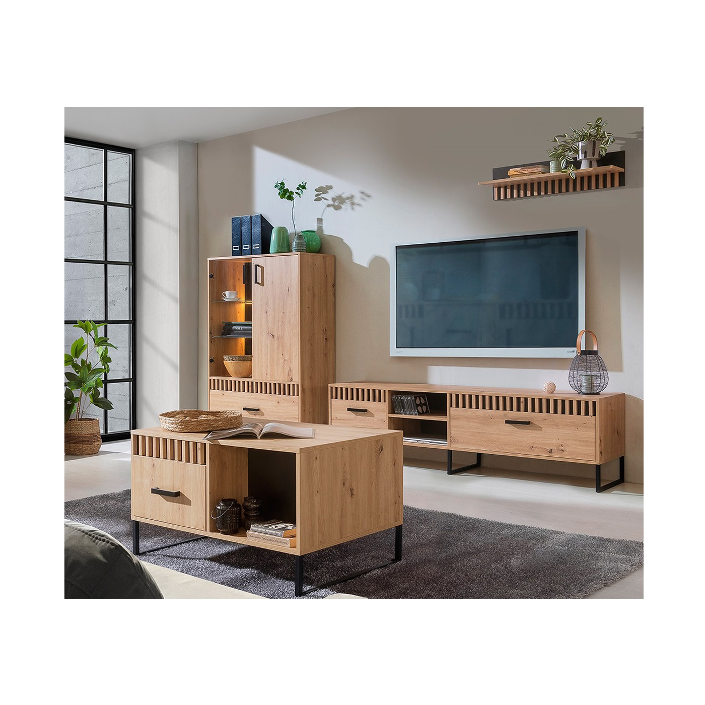 zestaw mebli na nóżkach Lamelix C komplet witryna szafka rtv ława